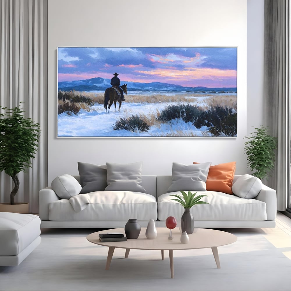 Tablou Canvas Premium, LuxCanva® M1532, Calaretul Singuratic, Calatorie, Aventura, Western, Cowboy, Armasar, Apus de Soare, Dormitor, Birou, Living, Camera Copil