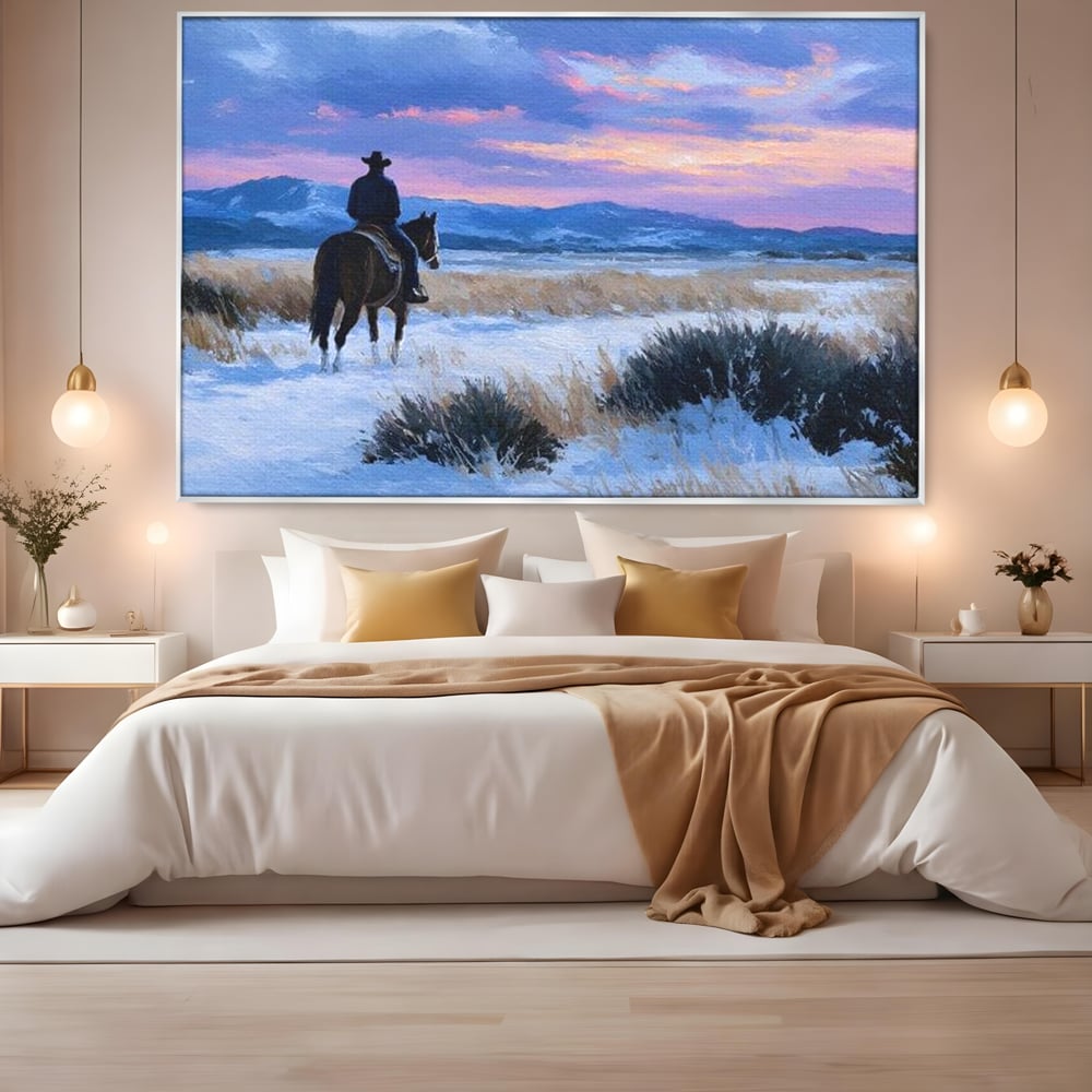 Tablou Canvas Premium, LuxCanva® M1532, Calaretul Singuratic, Calatorie, Aventura, Western, Cowboy, Armasar, Apus de Soare, Dormitor, Birou, Living, Camera Copil