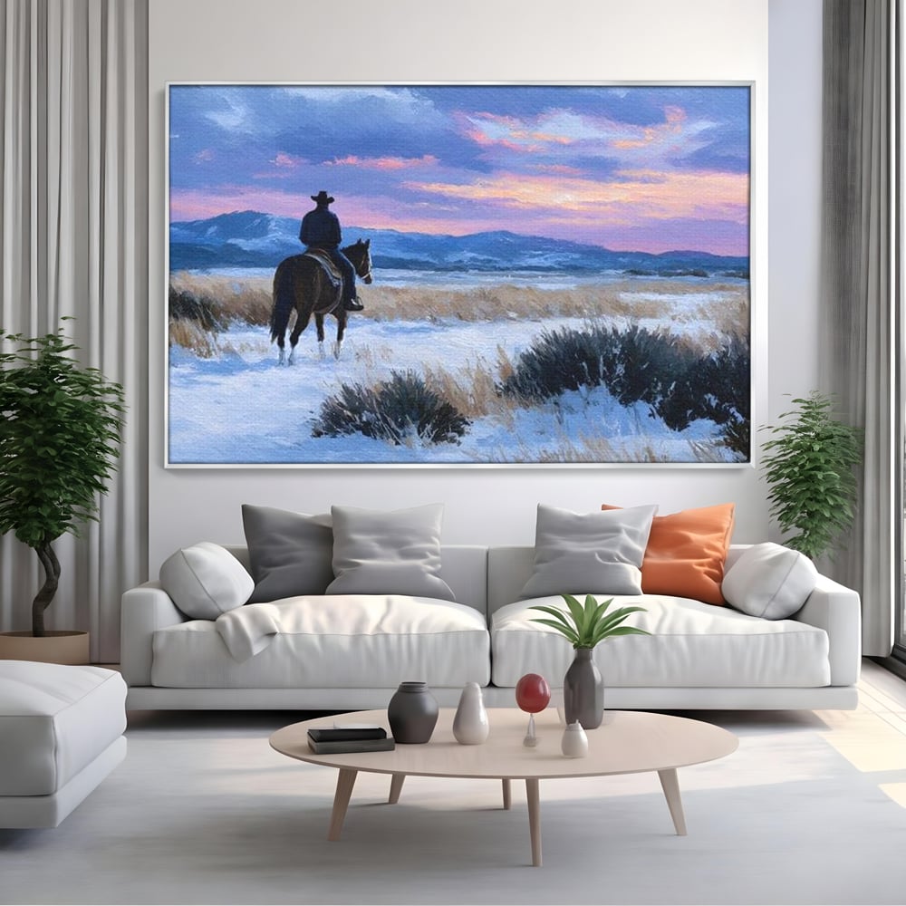 Tablou Canvas Premium, LuxCanva® M1532, Calaretul Singuratic, Calatorie, Aventura, Western, Cowboy, Armasar, Apus de Soare, Dormitor, Birou, Living, Camera Copil