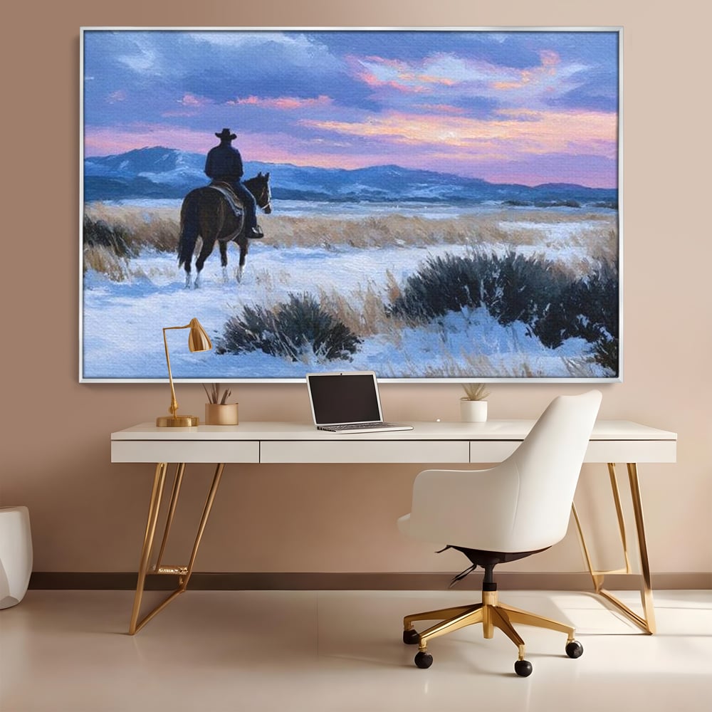 Tablou Canvas Premium, LuxCanva® M1532, Calaretul Singuratic, Calatorie, Aventura, Western, Cowboy, Armasar, Apus de Soare, Dormitor, Birou, Living, Camera Copil