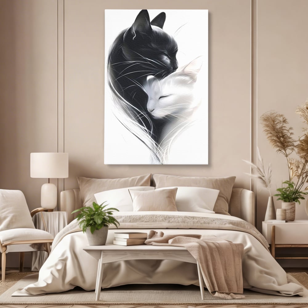 Tablou Canvas Premium, LuxCanva® M1533, Blanda Contopire, Pisici, Animale, Alb si Negru, Pereche, Iubire, Romantic, Dormitor, Birou, Living, Camera Copil