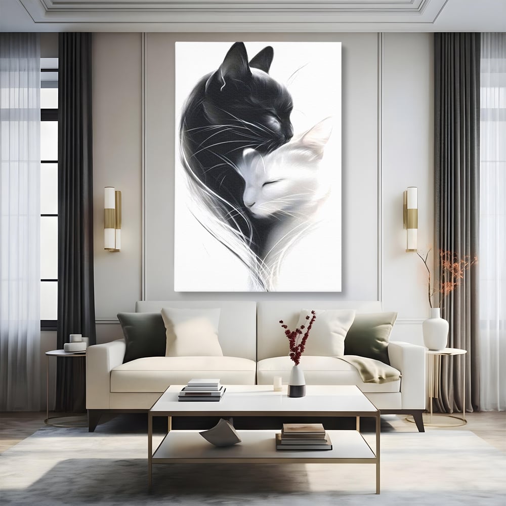 Tablou Canvas Premium, LuxCanva® M1533, Blanda Contopire, Pisici, Animale, Alb si Negru, Pereche, Iubire, Romantic, Dormitor, Birou, Living, Camera Copil