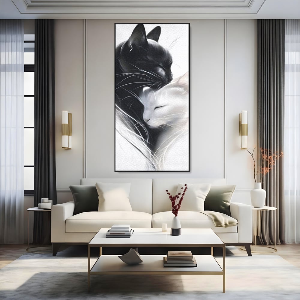 Tablou Canvas Premium, LuxCanva® M1533, Blanda Contopire, Pisici, Animale, Alb si Negru, Pereche, Iubire, Romantic, Dormitor, Birou, Living, Camera Copil
