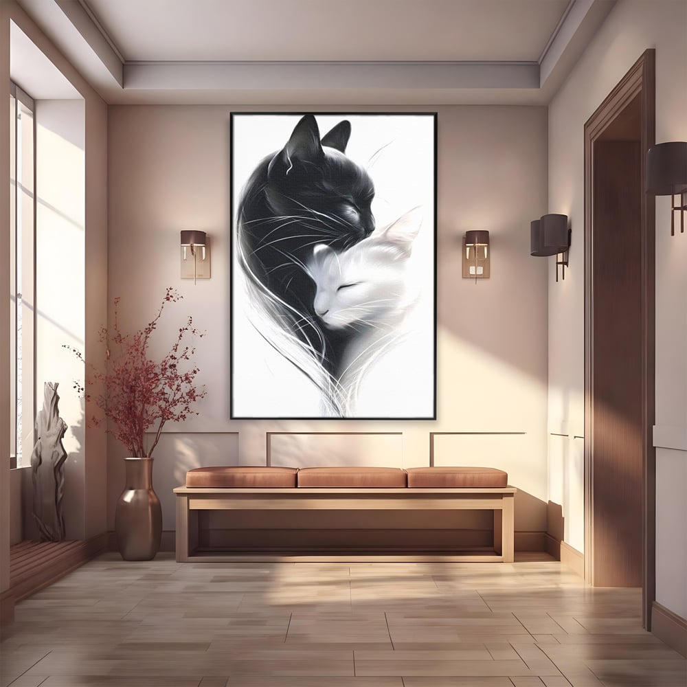 Tablou Canvas Premium, LuxCanva® M1533, Blanda Contopire, Pisici, Animale, Alb si Negru, Pereche, Iubire, Romantic, Dormitor, Birou, Living, Camera Copil