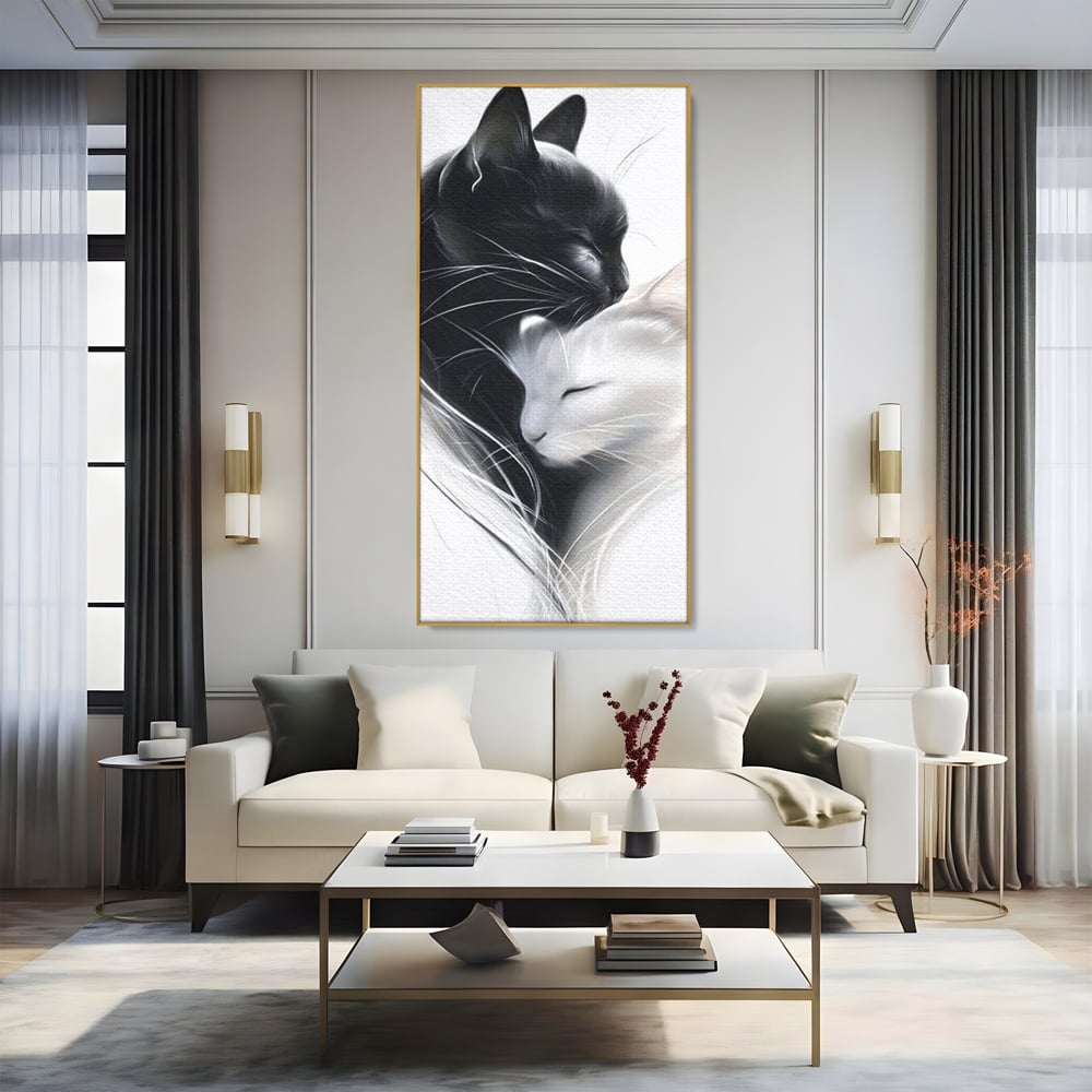 Tablou Canvas Premium, LuxCanva® M1533, Blanda Contopire, Pisici, Animale, Alb si Negru, Pereche, Iubire, Romantic, Dormitor, Birou, Living, Camera Copil