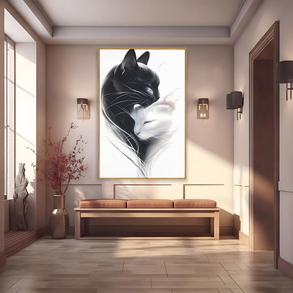 Tablou Canvas Premium, LuxCanva® M1533, Blanda Contopire, Pisici, Animale, Alb si Negru, Pereche, Iubire, Romantic, Dormitor, Birou, Living, Camera Copil
