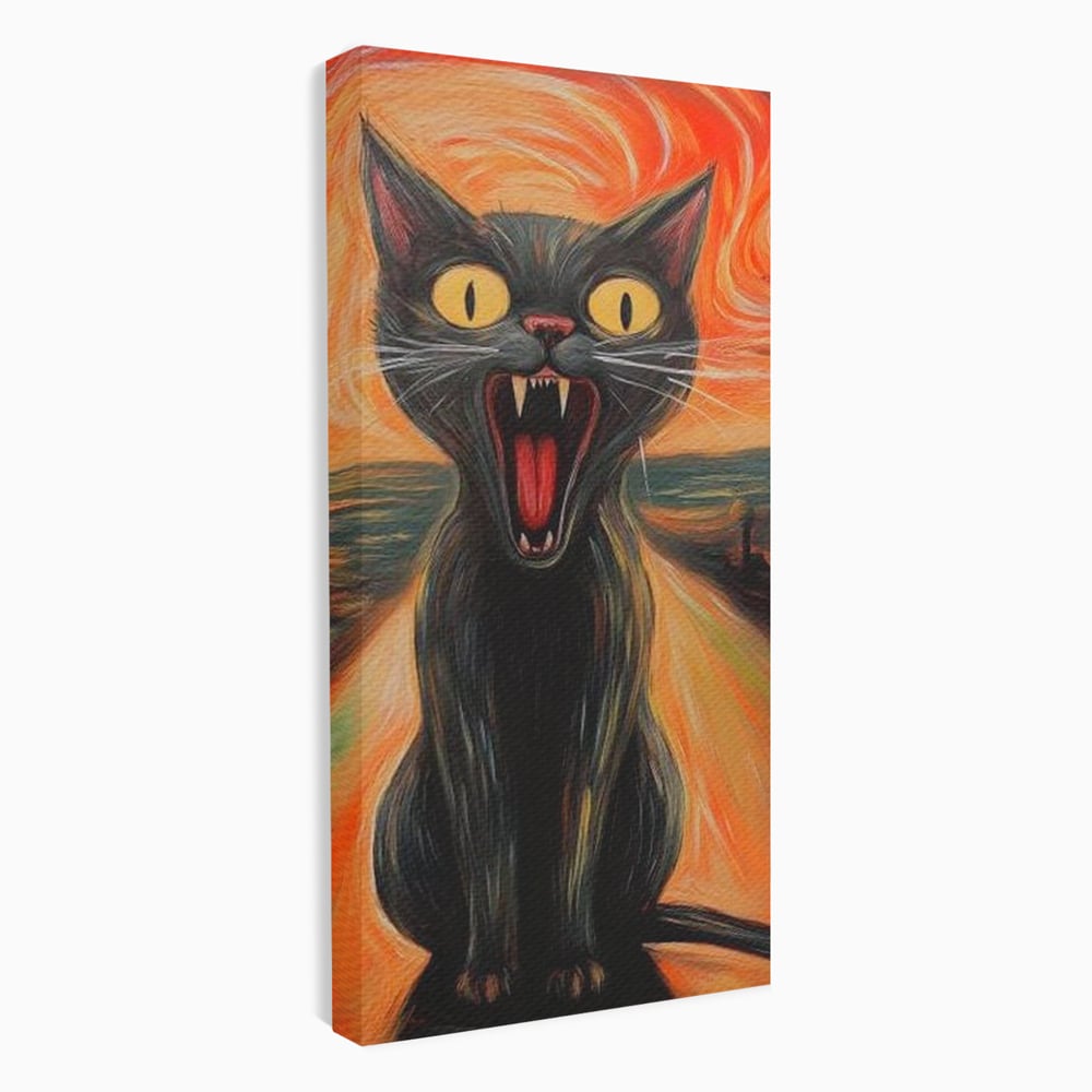 Leinwand Wandkunst Canvas Premium, LuxCanva® M1534, Schicksalsangst, Schrei, Panik, Drama, Drama, Reißzähne, Katze, Feline, Komödie, Modern, Schlafzimmer, Büro, Wohnzimmer, Kinderzimmer