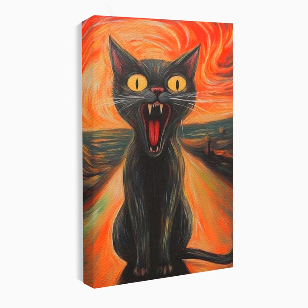 Leinwand Wandkunst Canvas Premium, LuxCanva® M1534, Schicksalsangst, Schrei, Panik, Drama, Drama, Reißzähne, Katze, Feline, Komödie, Modern, Schlafzimmer, Büro, Wohnzimmer, Kinderzimmer