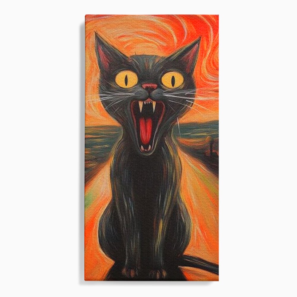 Leinwand Wandkunst Canvas Premium, LuxCanva® M1534, Schicksalsangst, Schrei, Panik, Drama, Drama, Reißzähne, Katze, Feline, Komödie, Modern, Schlafzimmer, Büro, Wohnzimmer, Kinderzimmer