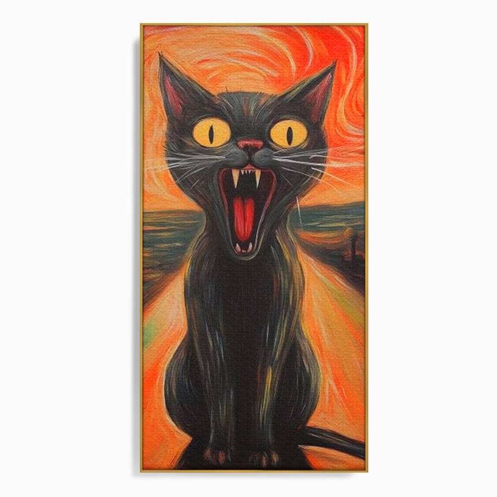 Leinwand Wandkunst Canvas Premium, LuxCanva® M1534, Schicksalsangst, Schrei, Panik, Drama, Drama, Reißzähne, Katze, Feline, Komödie, Modern, Schlafzimmer, Büro, Wohnzimmer, Kinderzimmer