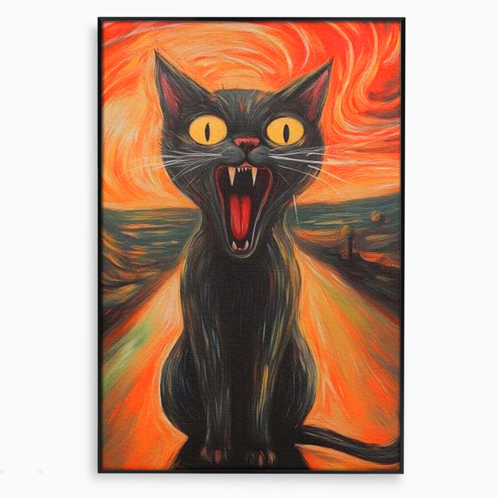 Leinwand Wandkunst Canvas Premium, LuxCanva® M1534, Schicksalsangst, Schrei, Panik, Drama, Drama, Reißzähne, Katze, Feline, Komödie, Modern, Schlafzimmer, Büro, Wohnzimmer, Kinderzimmer