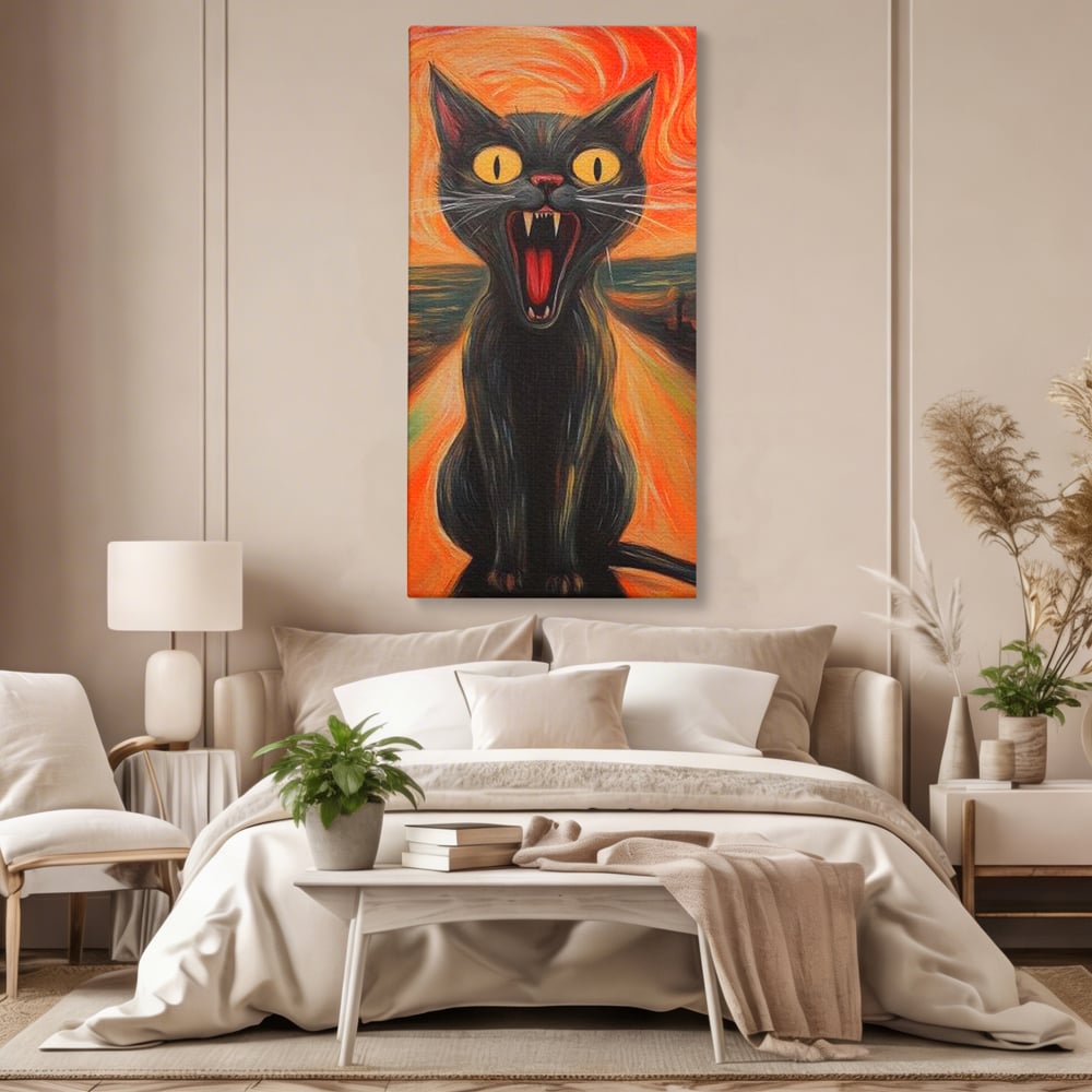 Leinwand Wandkunst Canvas Premium, LuxCanva® M1534, Schicksalsangst, Schrei, Panik, Drama, Drama, Reißzähne, Katze, Feline, Komödie, Modern, Schlafzimmer, Büro, Wohnzimmer, Kinderzimmer