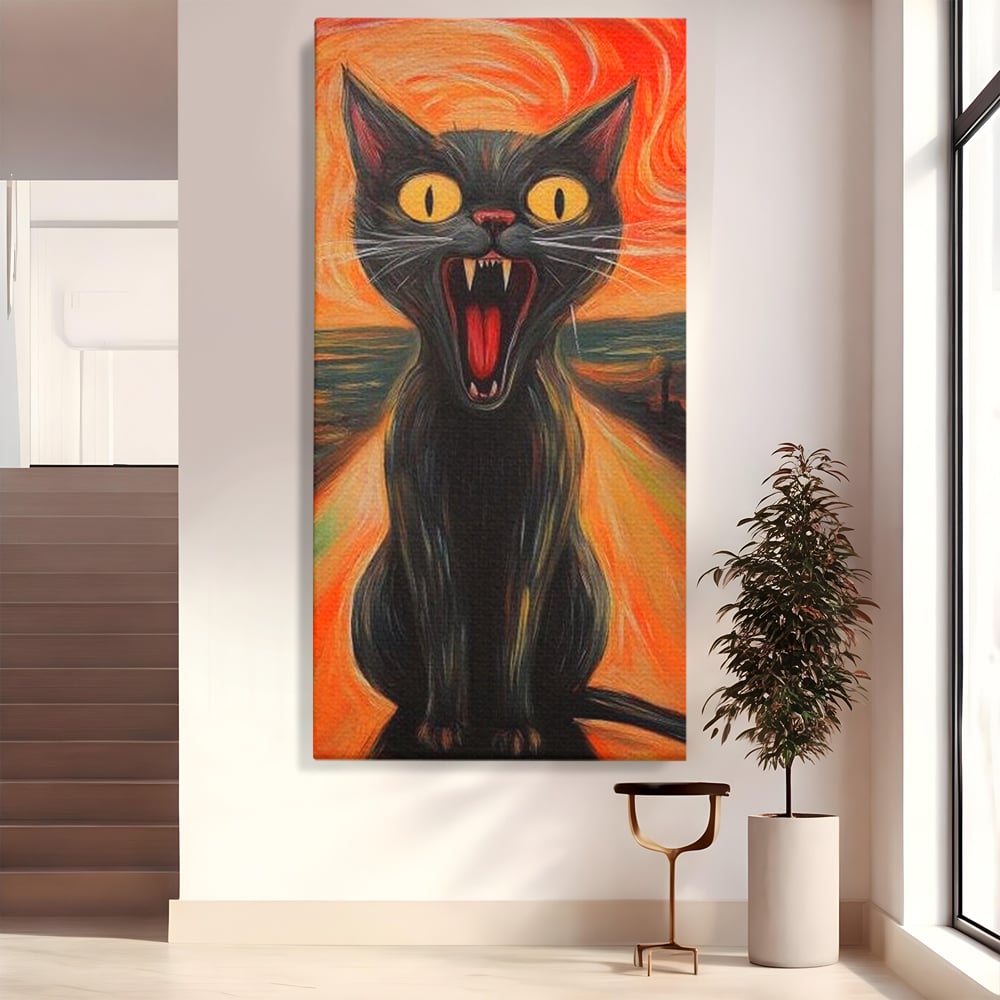 Leinwand Wandkunst Canvas Premium, LuxCanva® M1534, Schicksalsangst, Schrei, Panik, Drama, Drama, Reißzähne, Katze, Feline, Komödie, Modern, Schlafzimmer, Büro, Wohnzimmer, Kinderzimmer