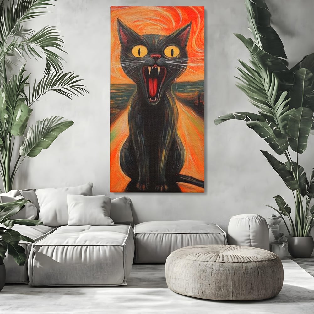 Leinwand Wandkunst Canvas Premium, LuxCanva® M1534, Schicksalsangst, Schrei, Panik, Drama, Drama, Reißzähne, Katze, Feline, Komödie, Modern, Schlafzimmer, Büro, Wohnzimmer, Kinderzimmer