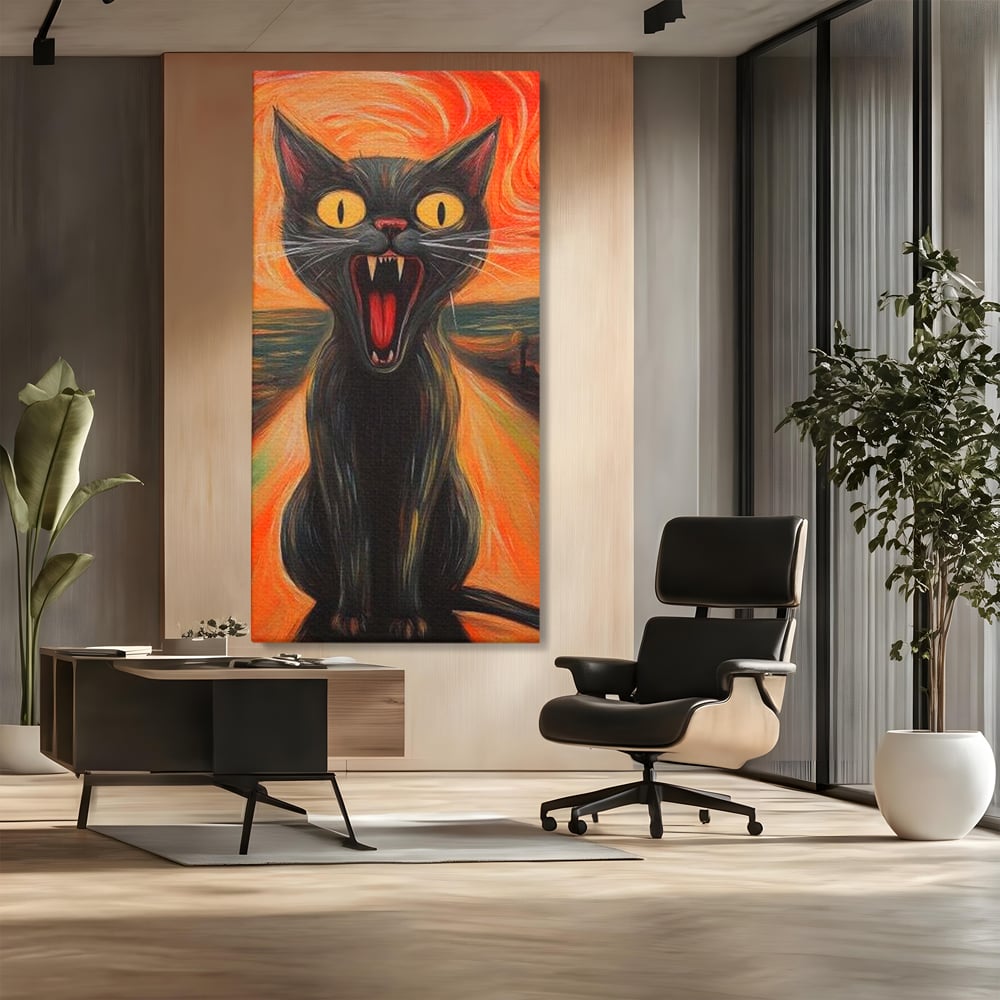 Leinwand Wandkunst Canvas Premium, LuxCanva® M1534, Schicksalsangst, Schrei, Panik, Drama, Drama, Reißzähne, Katze, Feline, Komödie, Modern, Schlafzimmer, Büro, Wohnzimmer, Kinderzimmer