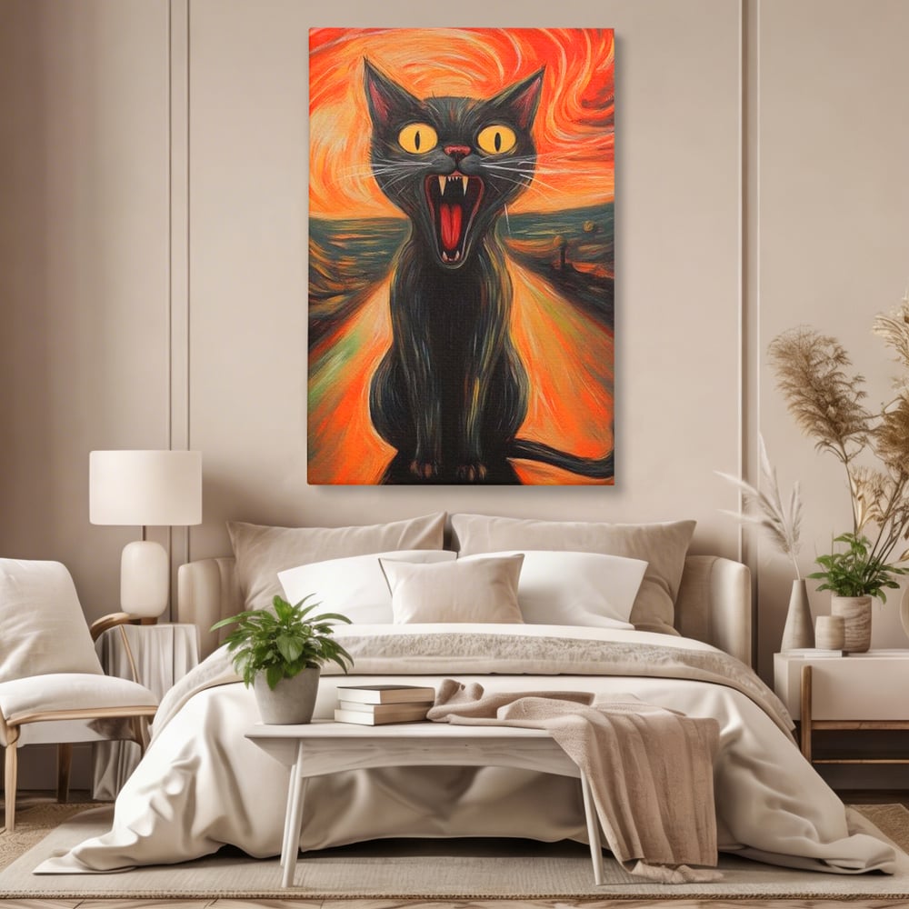 Leinwand Wandkunst Canvas Premium, LuxCanva® M1534, Schicksalsangst, Schrei, Panik, Drama, Drama, Reißzähne, Katze, Feline, Komödie, Modern, Schlafzimmer, Büro, Wohnzimmer, Kinderzimmer