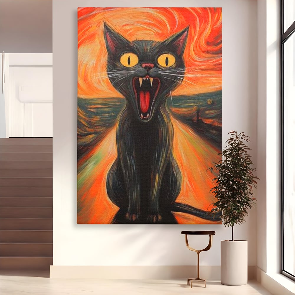 Leinwand Wandkunst Canvas Premium, LuxCanva® M1534, Schicksalsangst, Schrei, Panik, Drama, Drama, Reißzähne, Katze, Feline, Komödie, Modern, Schlafzimmer, Büro, Wohnzimmer, Kinderzimmer