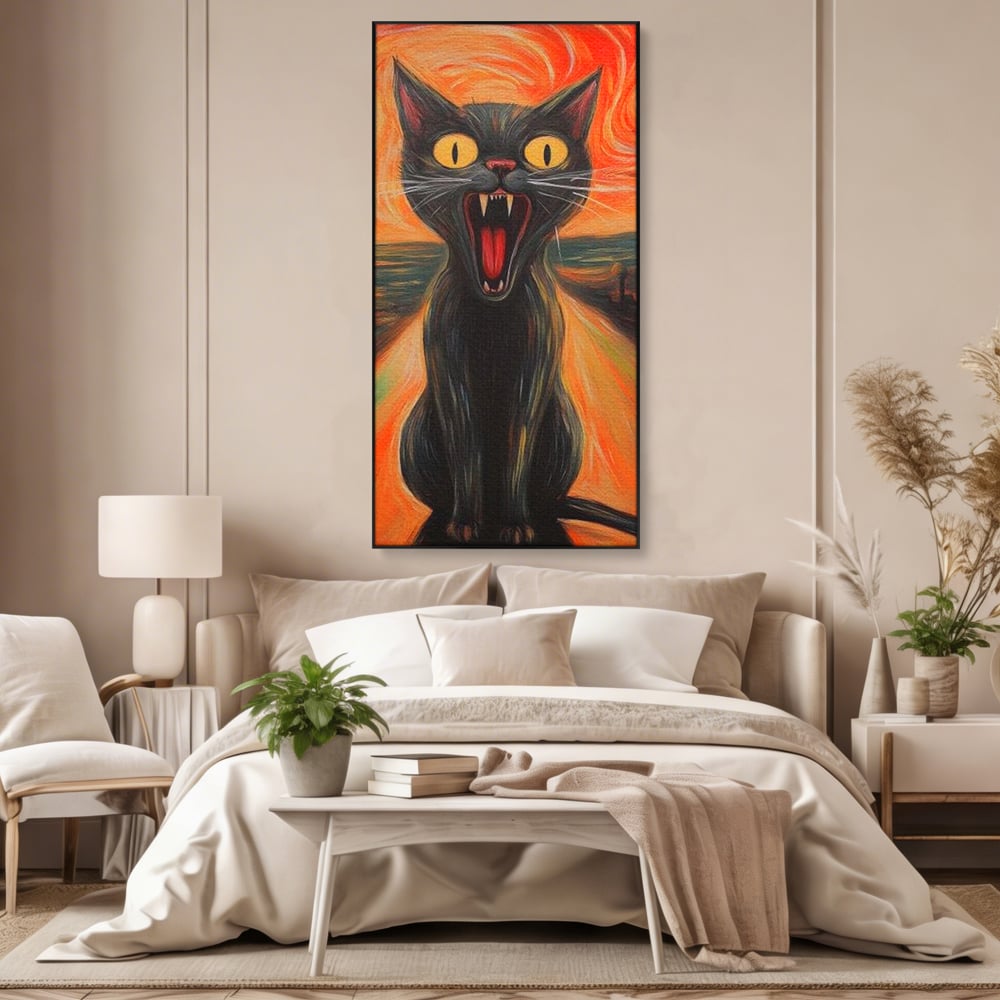 Leinwand Wandkunst Canvas Premium, LuxCanva® M1534, Schicksalsangst, Schrei, Panik, Drama, Drama, Reißzähne, Katze, Feline, Komödie, Modern, Schlafzimmer, Büro, Wohnzimmer, Kinderzimmer