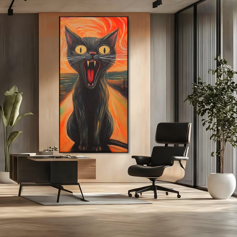 Leinwand Wandkunst Canvas Premium, LuxCanva® M1534, Schicksalsangst, Schrei, Panik, Drama, Drama, Reißzähne, Katze, Feline, Komödie, Modern, Schlafzimmer, Büro, Wohnzimmer, Kinderzimmer
