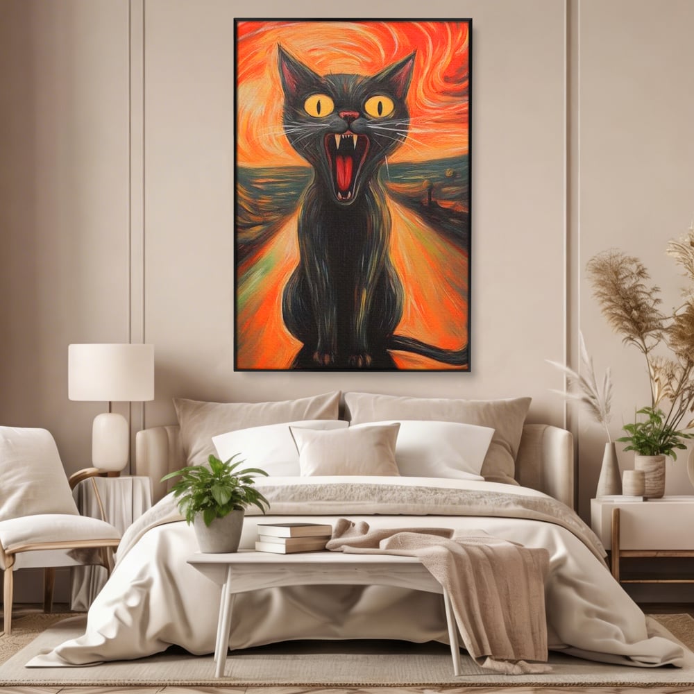 Leinwand Wandkunst Canvas Premium, LuxCanva® M1534, Schicksalsangst, Schrei, Panik, Drama, Drama, Reißzähne, Katze, Feline, Komödie, Modern, Schlafzimmer, Büro, Wohnzimmer, Kinderzimmer