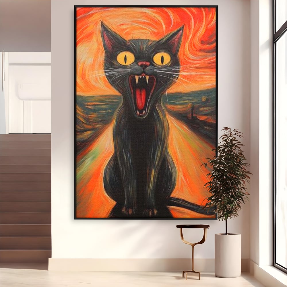 Leinwand Wandkunst Canvas Premium, LuxCanva® M1534, Schicksalsangst, Schrei, Panik, Drama, Drama, Reißzähne, Katze, Feline, Komödie, Modern, Schlafzimmer, Büro, Wohnzimmer, Kinderzimmer
