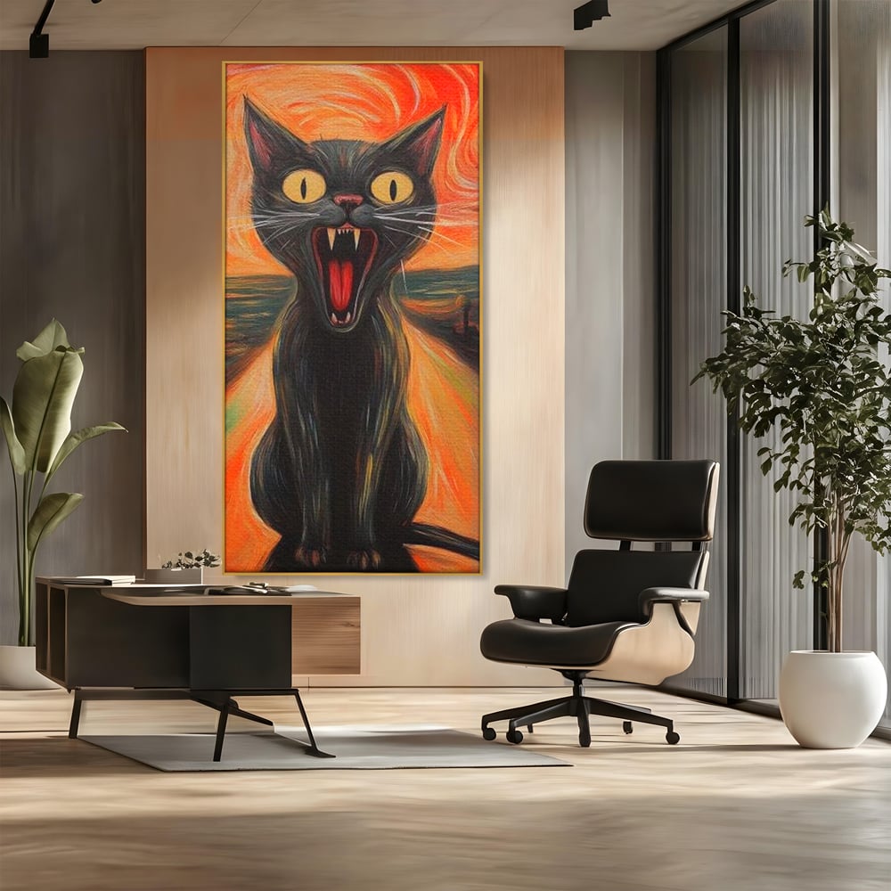 Leinwand Wandkunst Canvas Premium, LuxCanva® M1534, Schicksalsangst, Schrei, Panik, Drama, Drama, Reißzähne, Katze, Feline, Komödie, Modern, Schlafzimmer, Büro, Wohnzimmer, Kinderzimmer