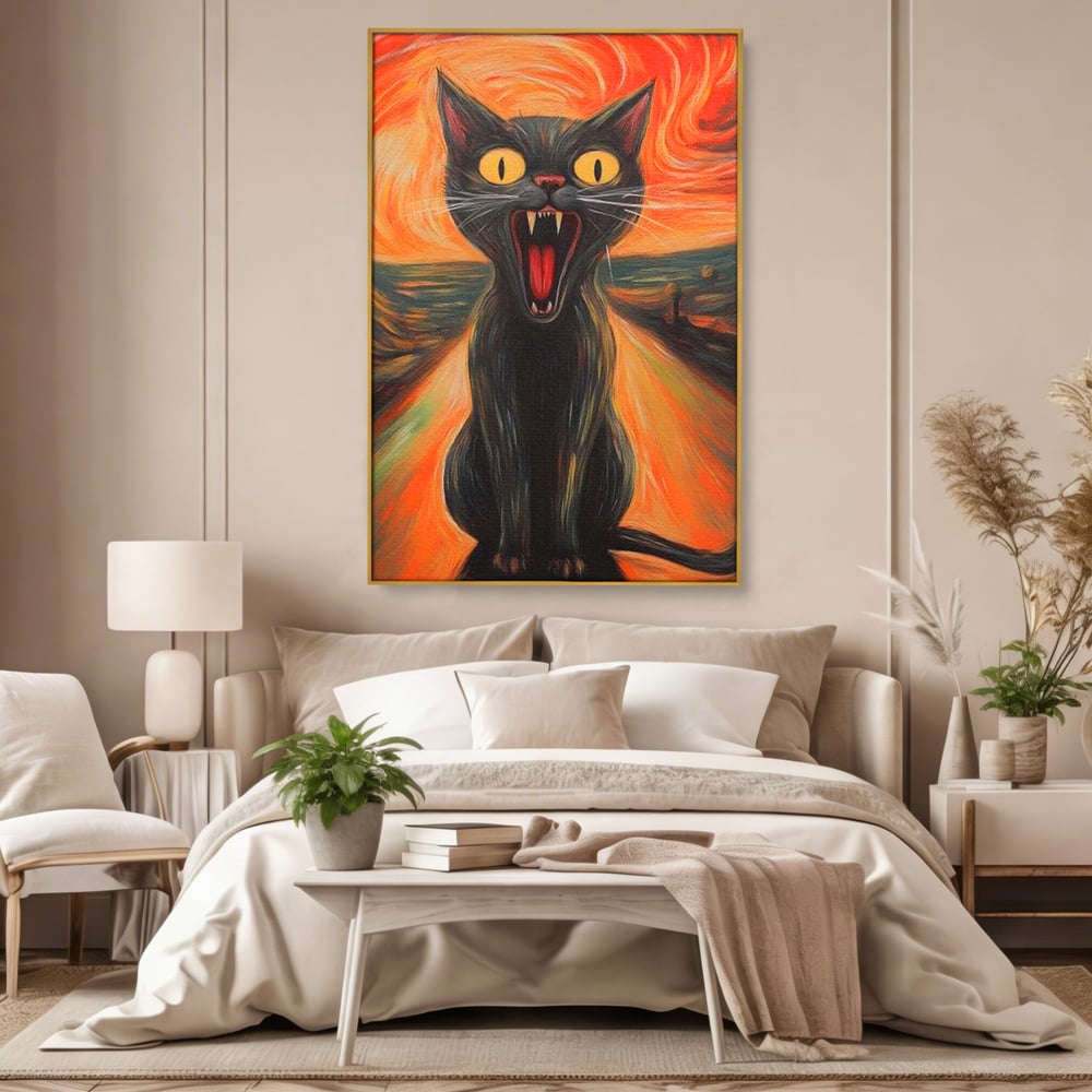 Leinwand Wandkunst Canvas Premium, LuxCanva® M1534, Schicksalsangst, Schrei, Panik, Drama, Drama, Reißzähne, Katze, Feline, Komödie, Modern, Schlafzimmer, Büro, Wohnzimmer, Kinderzimmer