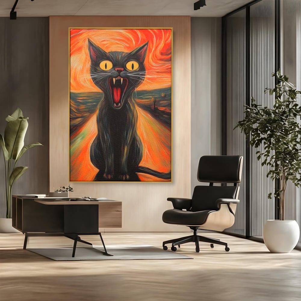 Leinwand Wandkunst Canvas Premium, LuxCanva® M1534, Schicksalsangst, Schrei, Panik, Drama, Drama, Reißzähne, Katze, Feline, Komödie, Modern, Schlafzimmer, Büro, Wohnzimmer, Kinderzimmer
