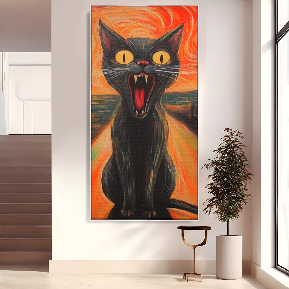 Leinwand Wandkunst Canvas Premium, LuxCanva® M1534, Schicksalsangst, Schrei, Panik, Drama, Drama, Reißzähne, Katze, Feline, Komödie, Modern, Schlafzimmer, Büro, Wohnzimmer, Kinderzimmer