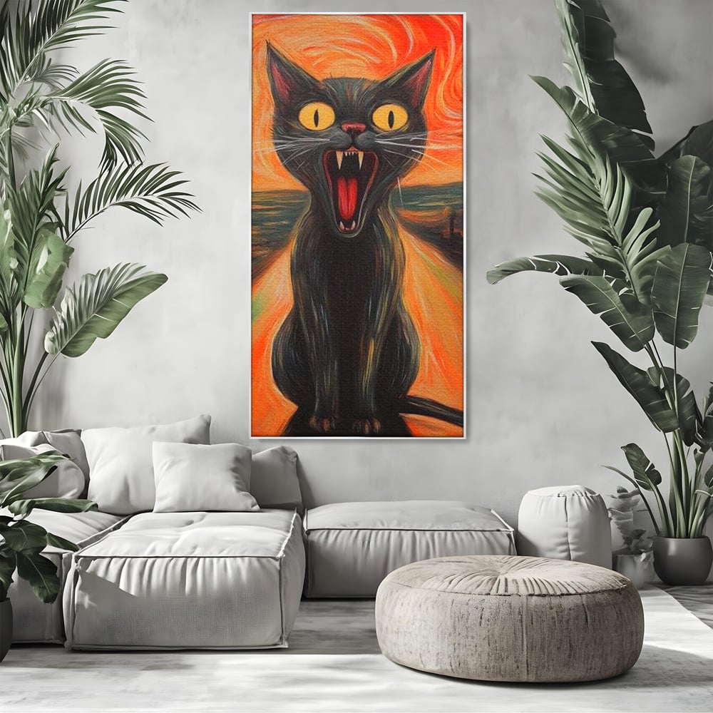 Leinwand Wandkunst Canvas Premium, LuxCanva® M1534, Schicksalsangst, Schrei, Panik, Drama, Drama, Reißzähne, Katze, Feline, Komödie, Modern, Schlafzimmer, Büro, Wohnzimmer, Kinderzimmer