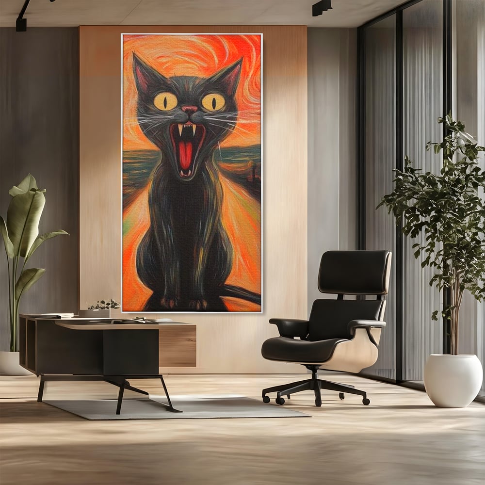 Leinwand Wandkunst Canvas Premium, LuxCanva® M1534, Schicksalsangst, Schrei, Panik, Drama, Drama, Reißzähne, Katze, Feline, Komödie, Modern, Schlafzimmer, Büro, Wohnzimmer, Kinderzimmer