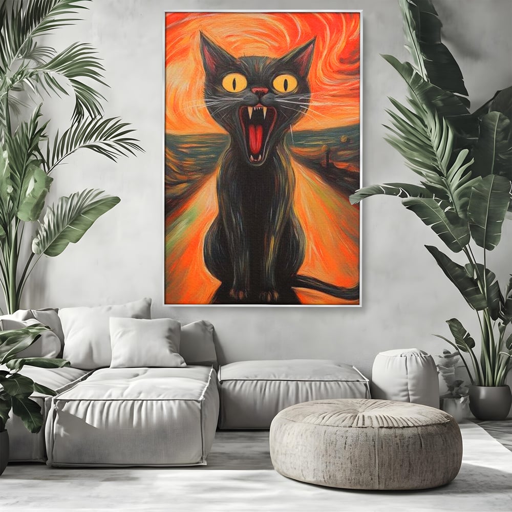 Leinwand Wandkunst Canvas Premium, LuxCanva® M1534, Schicksalsangst, Schrei, Panik, Drama, Drama, Reißzähne, Katze, Feline, Komödie, Modern, Schlafzimmer, Büro, Wohnzimmer, Kinderzimmer