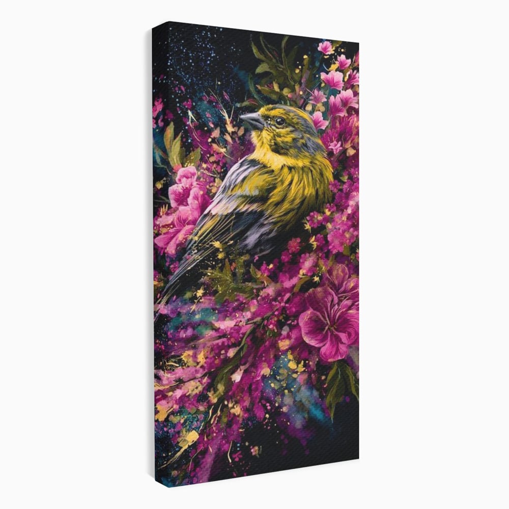 Tablou Canvas Premium, LuxCanva® M1537, Splendoarea Primaverii, Pasare, Flori, Gradina, Penaj Colorat, Natura, Paradis, Dormitor, Birou, Living, Camera Copil