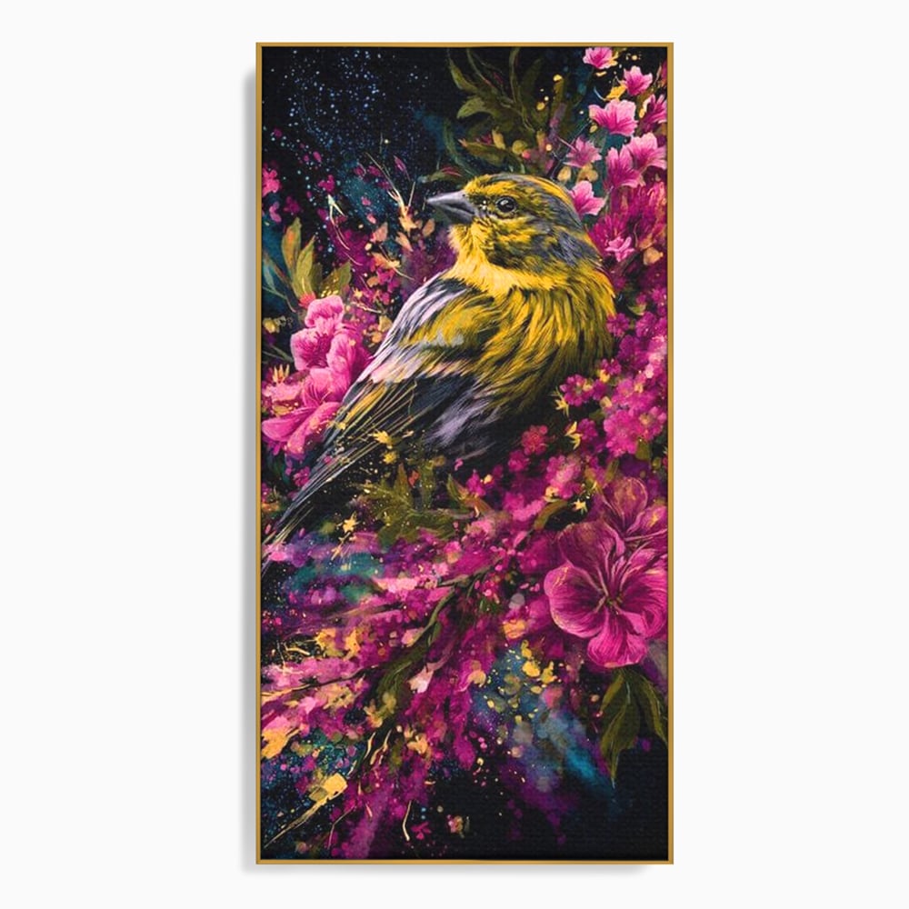 Tablou Canvas Premium, LuxCanva® M1537, Splendoarea Primaverii, Pasare, Flori, Gradina, Penaj Colorat, Natura, Paradis, Dormitor, Birou, Living, Camera Copil