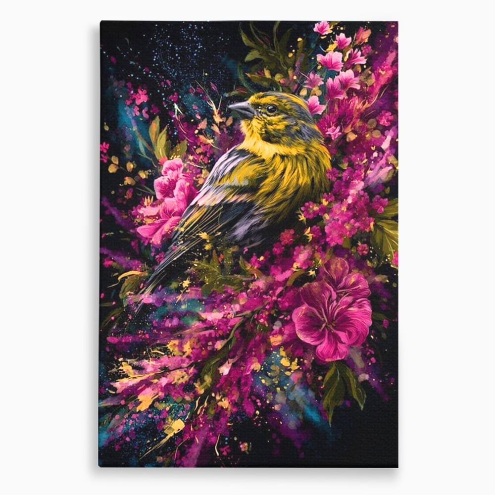 Tablou Canvas Premium, LuxCanva® M1537, Splendoarea Primaverii, Pasare, Flori, Gradina, Penaj Colorat, Natura, Paradis, Dormitor, Birou, Living, Camera Copil