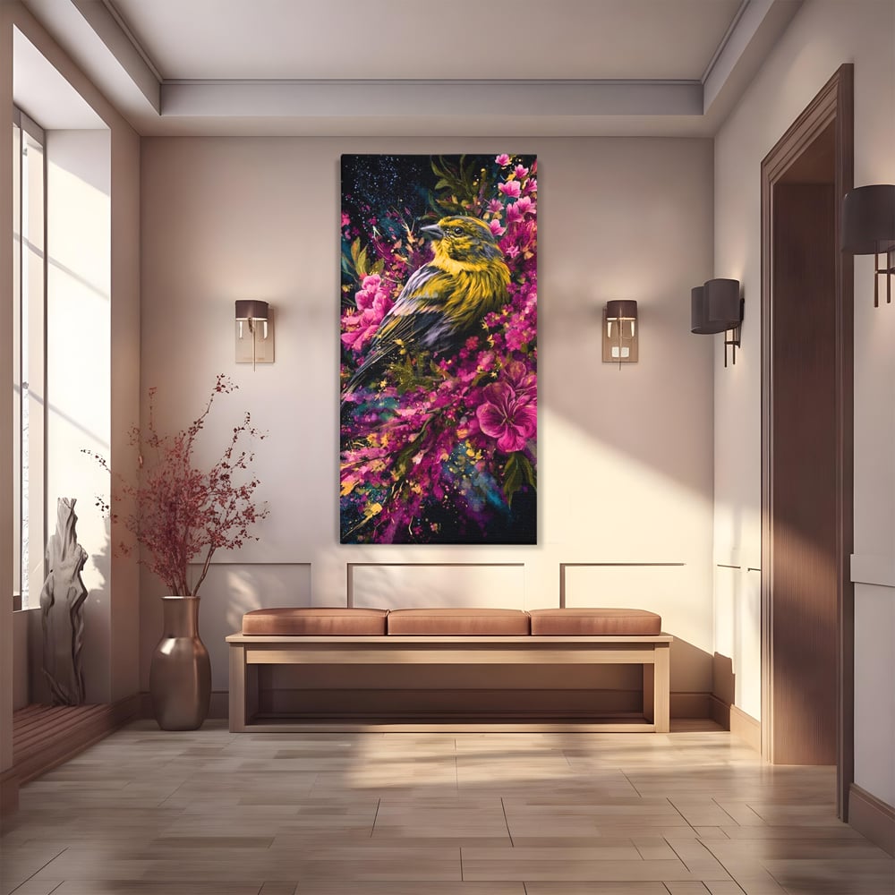 Tablou Canvas Premium, LuxCanva® M1537, Splendoarea Primaverii, Pasare, Flori, Gradina, Penaj Colorat, Natura, Paradis, Dormitor, Birou, Living, Camera Copil