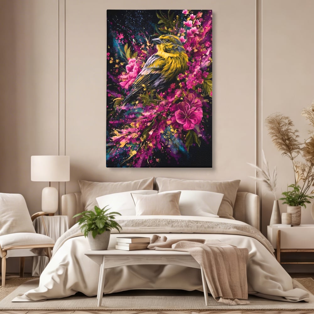 Tablou Canvas Premium, LuxCanva® M1537, Splendoarea Primaverii, Pasare, Flori, Gradina, Penaj Colorat, Natura, Paradis, Dormitor, Birou, Living, Camera Copil