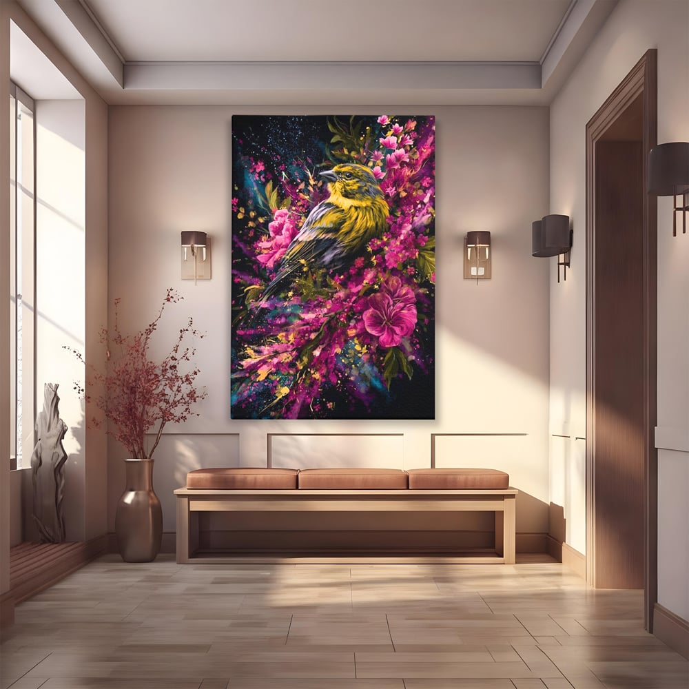 Tablou Canvas Premium, LuxCanva® M1537, Splendoarea Primaverii, Pasare, Flori, Gradina, Penaj Colorat, Natura, Paradis, Dormitor, Birou, Living, Camera Copil