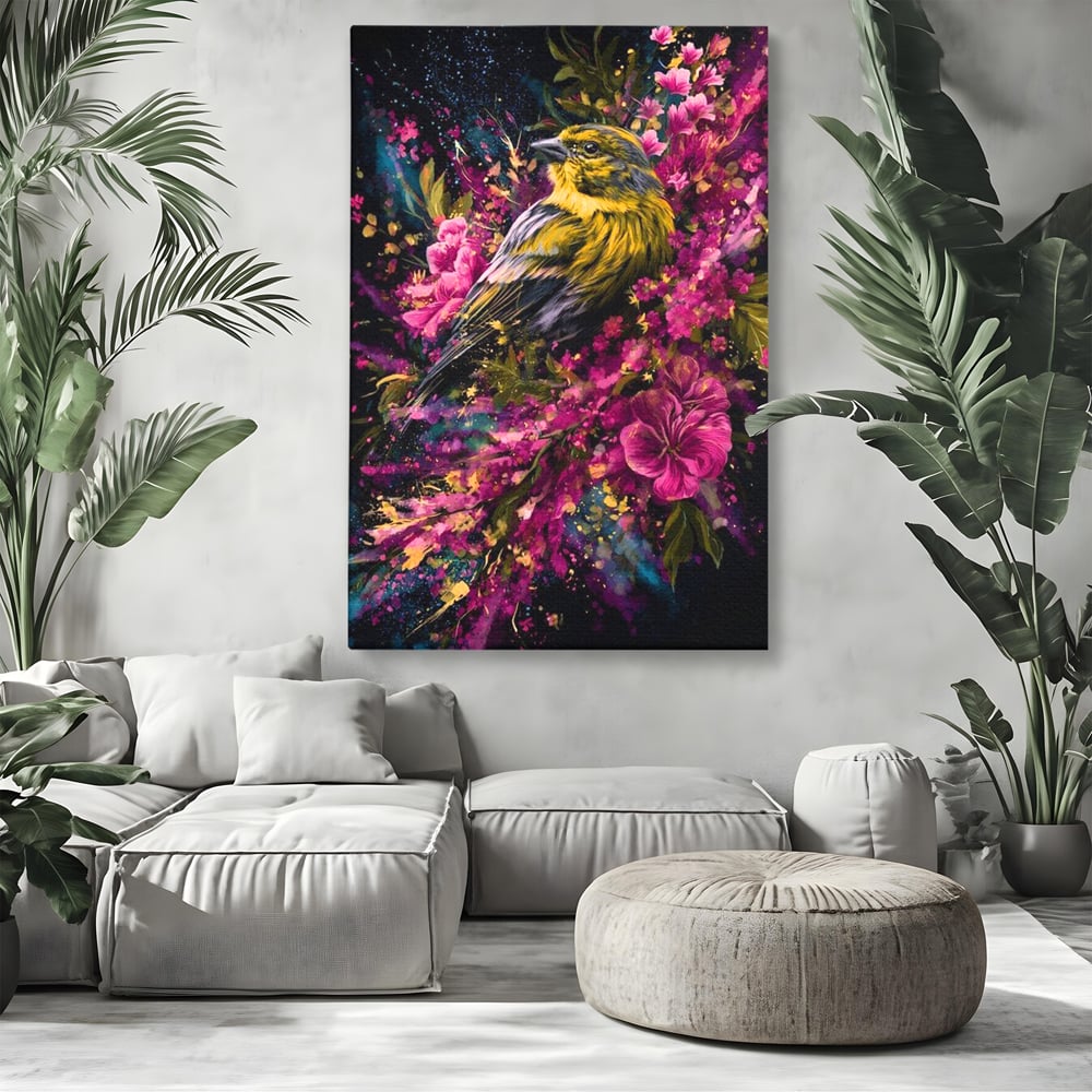 Tablou Canvas Premium, LuxCanva® M1537, Splendoarea Primaverii, Pasare, Flori, Gradina, Penaj Colorat, Natura, Paradis, Dormitor, Birou, Living, Camera Copil