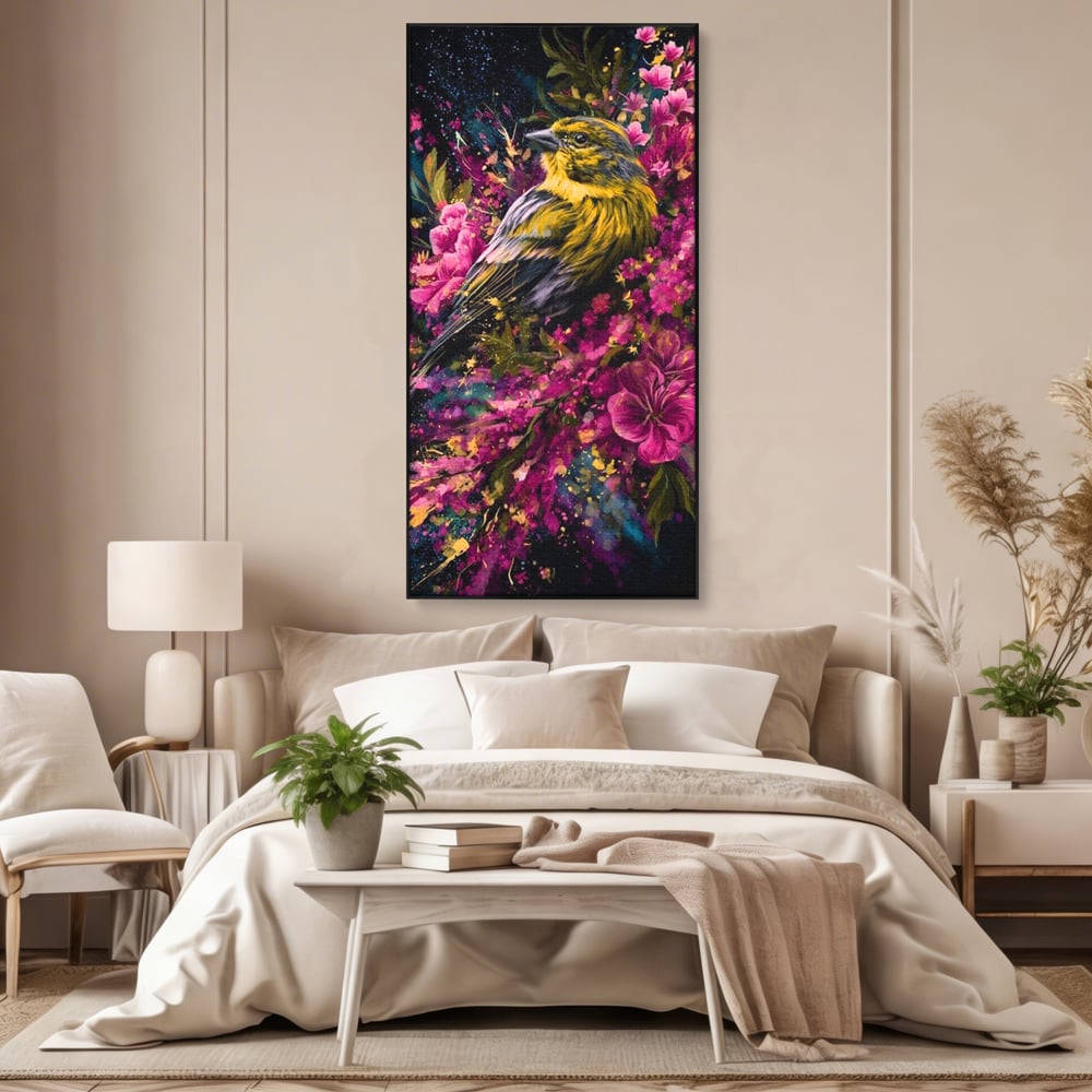 Tablou Canvas Premium, LuxCanva® M1537, Splendoarea Primaverii, Pasare, Flori, Gradina, Penaj Colorat, Natura, Paradis, Dormitor, Birou, Living, Camera Copil