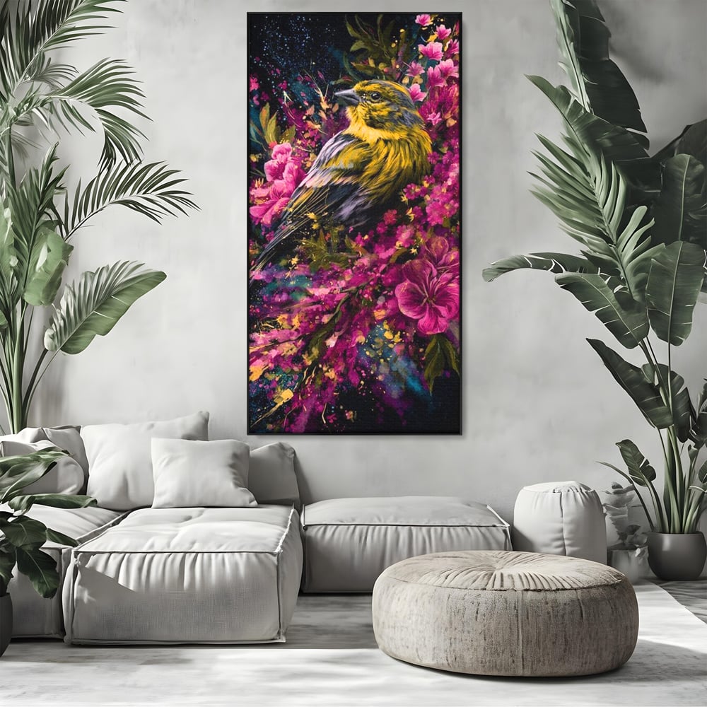 Tablou Canvas Premium, LuxCanva® M1537, Splendoarea Primaverii, Pasare, Flori, Gradina, Penaj Colorat, Natura, Paradis, Dormitor, Birou, Living, Camera Copil