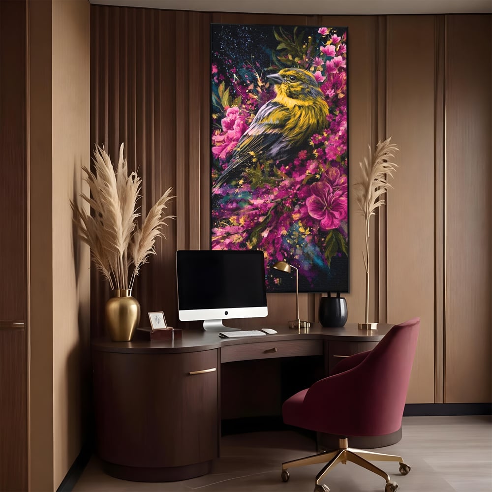 Tablou Canvas Premium, LuxCanva® M1537, Splendoarea Primaverii, Pasare, Flori, Gradina, Penaj Colorat, Natura, Paradis, Dormitor, Birou, Living, Camera Copil