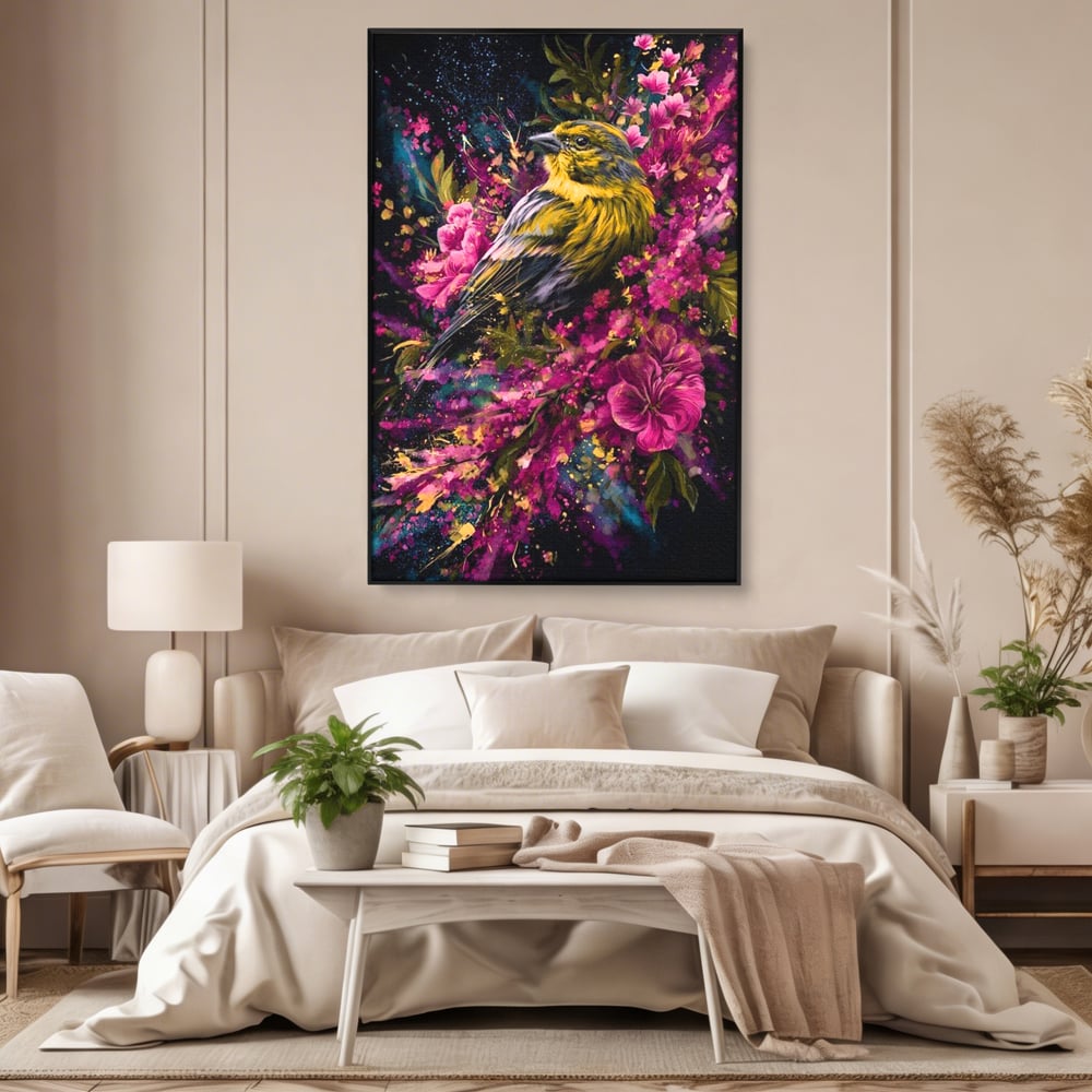 Tablou Canvas Premium, LuxCanva® M1537, Splendoarea Primaverii, Pasare, Flori, Gradina, Penaj Colorat, Natura, Paradis, Dormitor, Birou, Living, Camera Copil