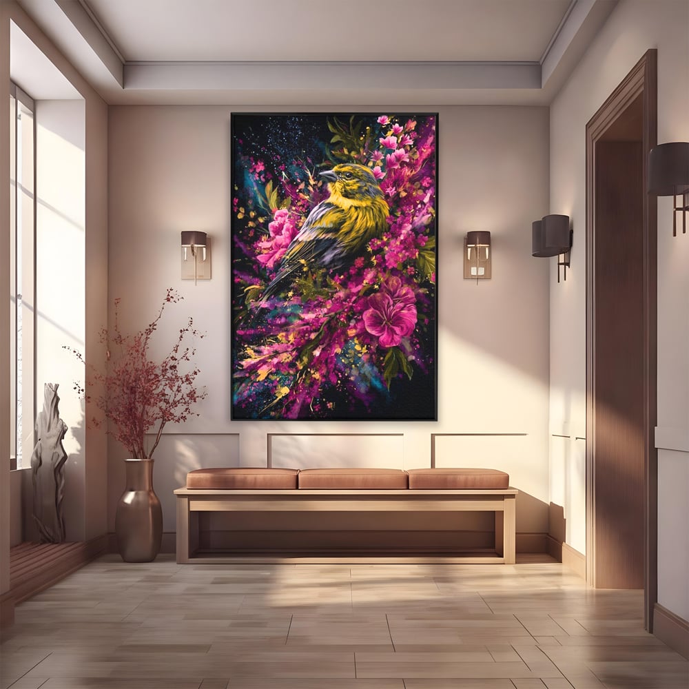 Tablou Canvas Premium, LuxCanva® M1537, Splendoarea Primaverii, Pasare, Flori, Gradina, Penaj Colorat, Natura, Paradis, Dormitor, Birou, Living, Camera Copil