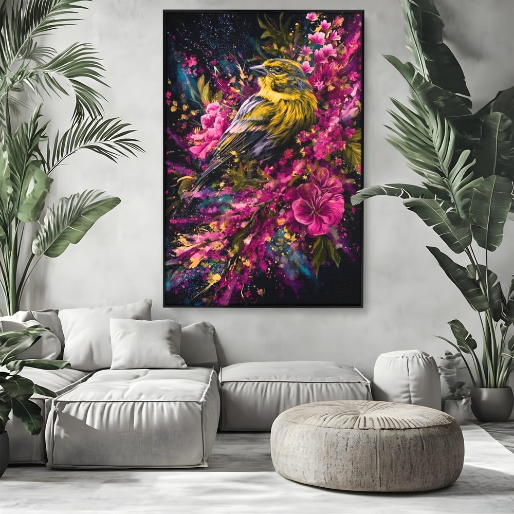 Tablou Canvas Premium, LuxCanva® M1537, Splendoarea Primaverii, Pasare, Flori, Gradina, Penaj Colorat, Natura, Paradis, Dormitor, Birou, Living, Camera Copil