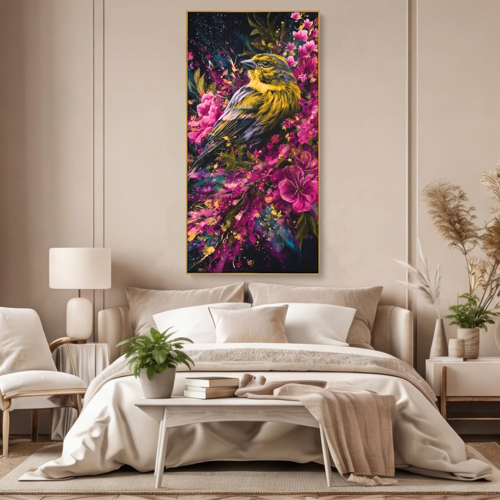 Tablou Canvas Premium, LuxCanva® M1537, Splendoarea Primaverii, Pasare, Flori, Gradina, Penaj Colorat, Natura, Paradis, Dormitor, Birou, Living, Camera Copil