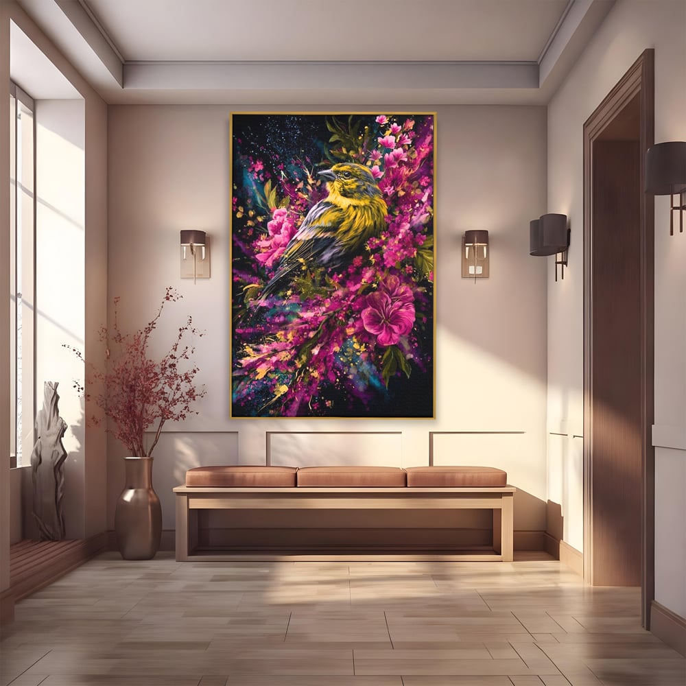 Tablou Canvas Premium, LuxCanva® M1537, Splendoarea Primaverii, Pasare, Flori, Gradina, Penaj Colorat, Natura, Paradis, Dormitor, Birou, Living, Camera Copil