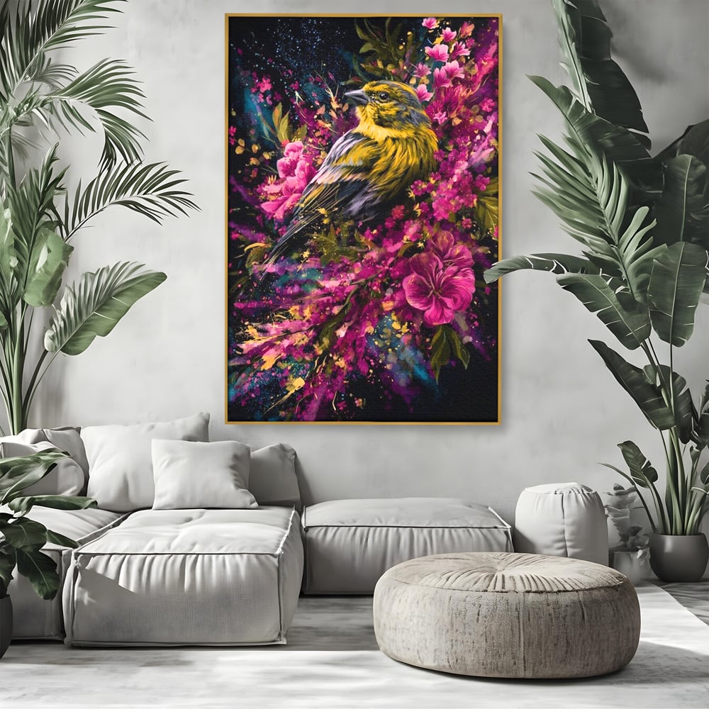 Tablou Canvas Premium, LuxCanva® M1537, Splendoarea Primaverii, Pasare, Flori, Gradina, Penaj Colorat, Natura, Paradis, Dormitor, Birou, Living, Camera Copil