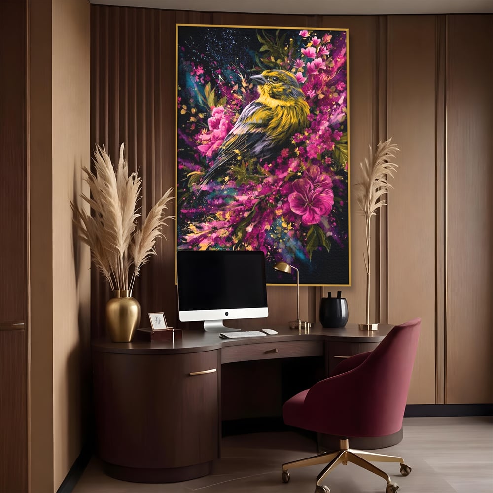 Tablou Canvas Premium, LuxCanva® M1537, Splendoarea Primaverii, Pasare, Flori, Gradina, Penaj Colorat, Natura, Paradis, Dormitor, Birou, Living, Camera Copil