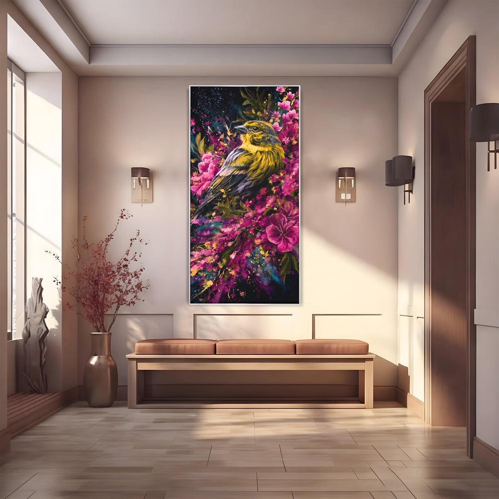 Tablou Canvas Premium, LuxCanva® M1537, Splendoarea Primaverii, Pasare, Flori, Gradina, Penaj Colorat, Natura, Paradis, Dormitor, Birou, Living, Camera Copil